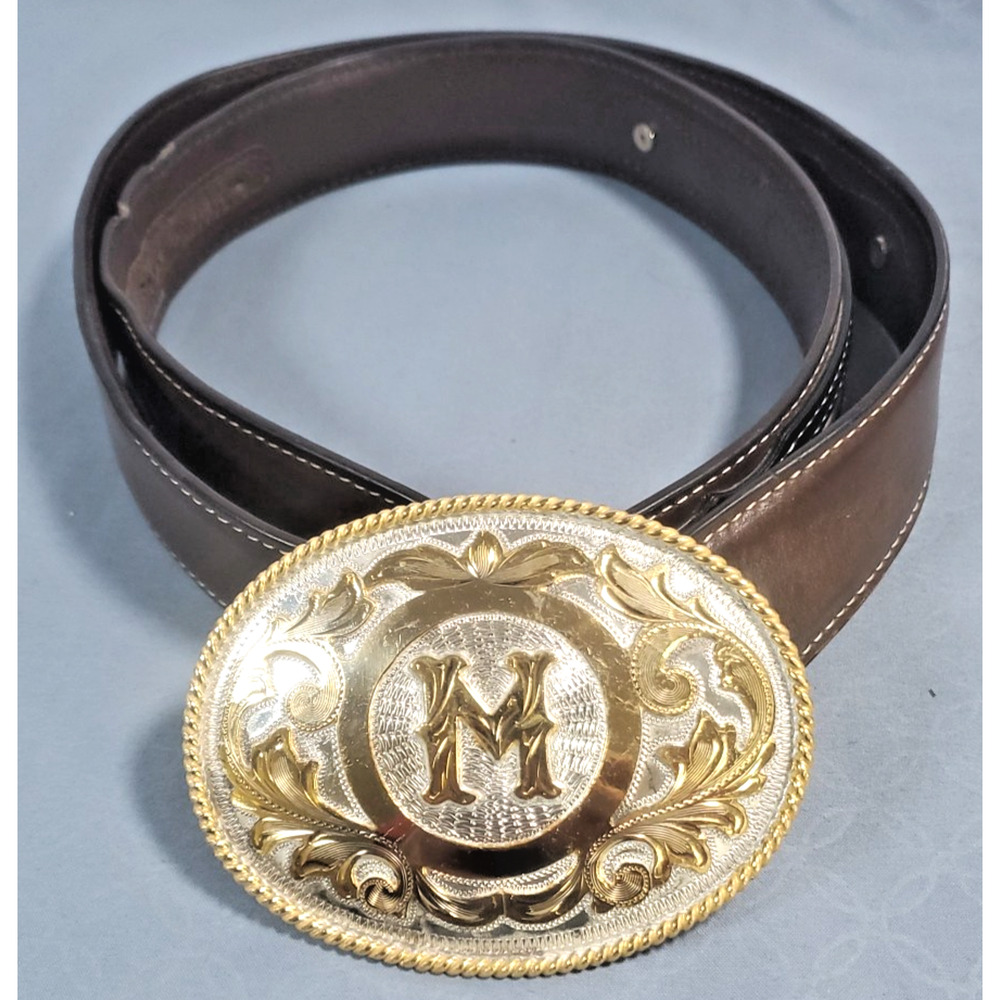 Vintage Alpaca Mexico Belt Buckle Nocona Brown Leather Belts Size 36